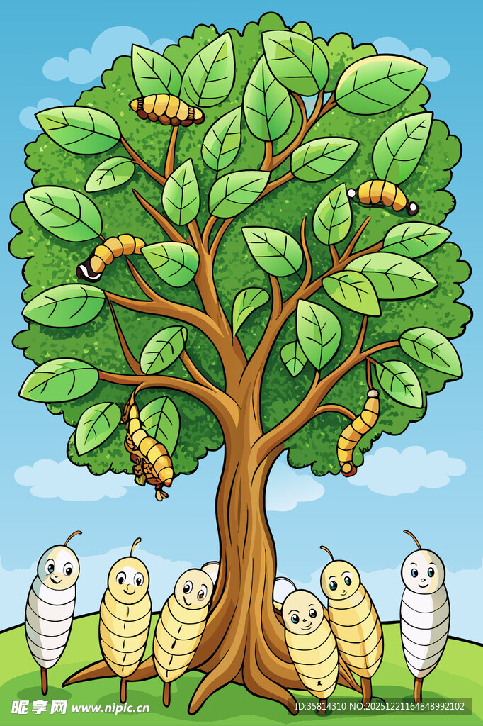 树下的蚕与绿叶大树