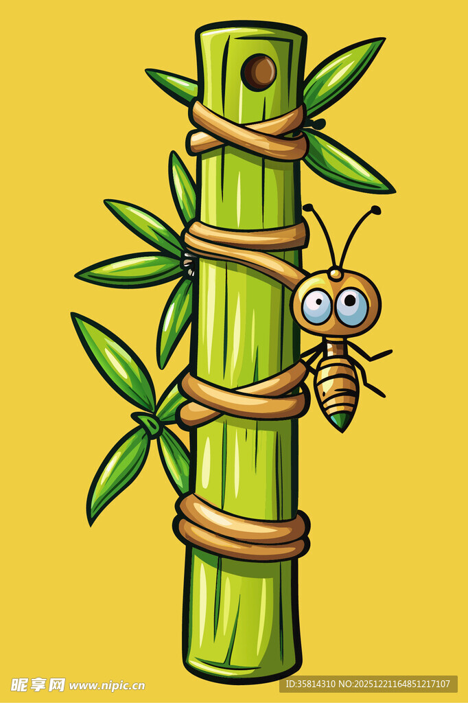 蚂蚁攀附翠绿竹子