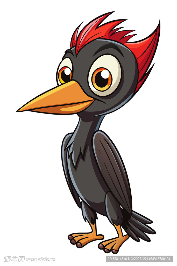 卡通黑羽红冠小鸟形象