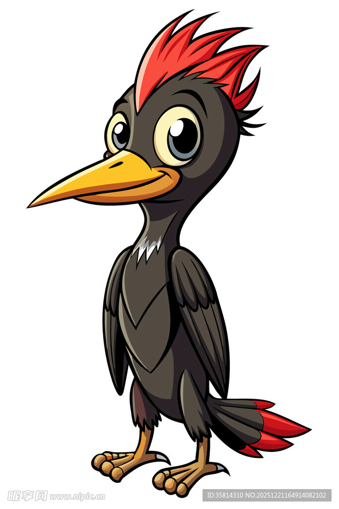 卡通黑羽红冠鸟形象