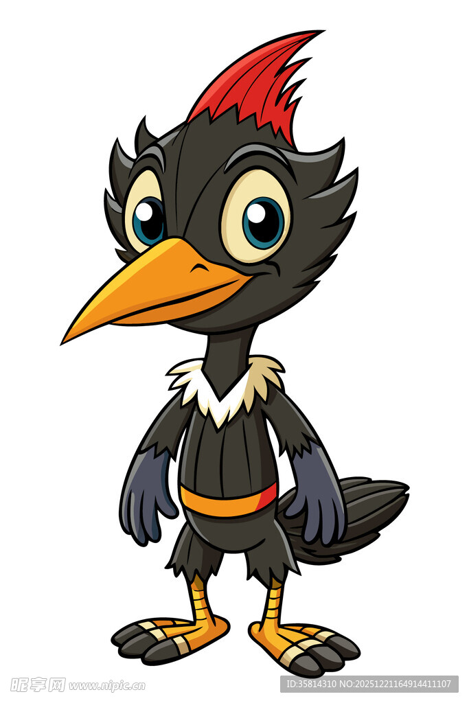 卡通黑羽红冠鸟形象
