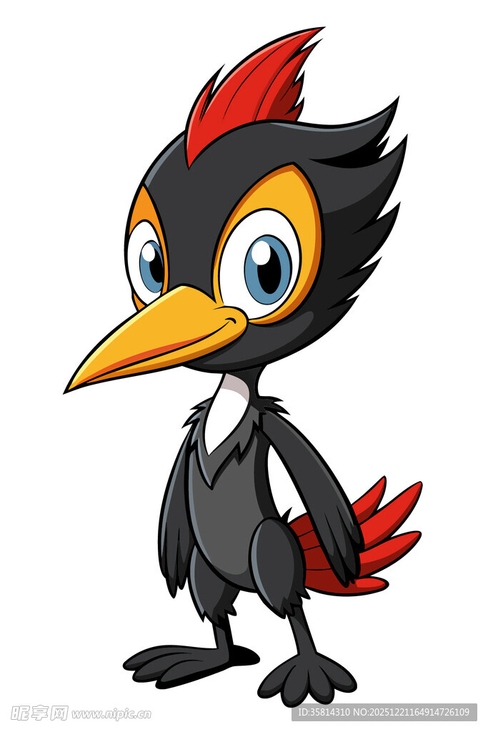 卡通黑羽红冠小鸟形象
