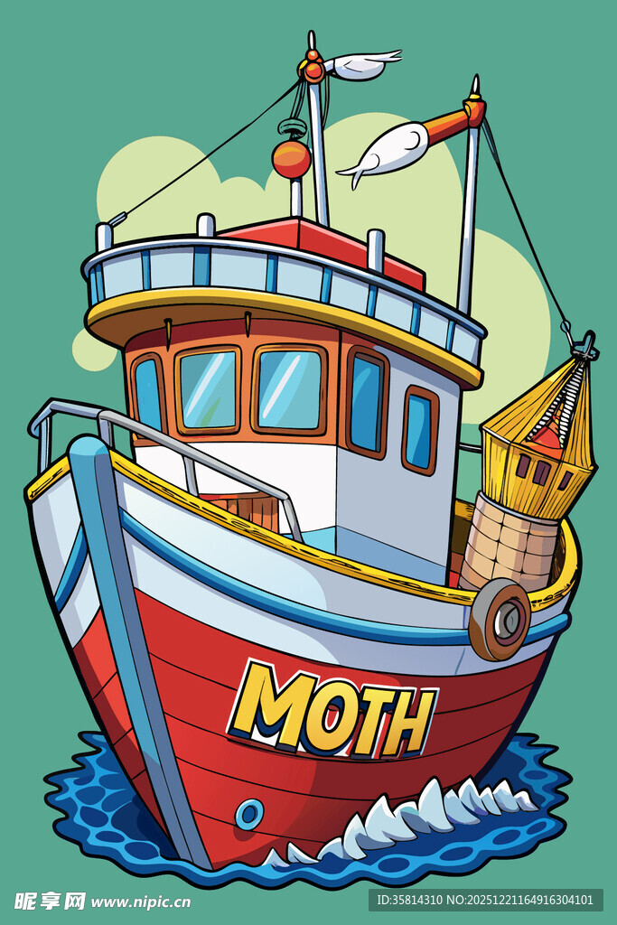 卡通风格的红色渔船