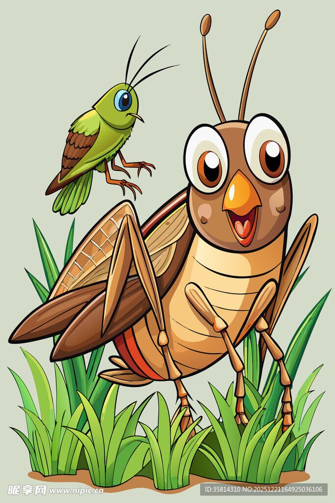 草地上的可爱蚂蚱与小鸟