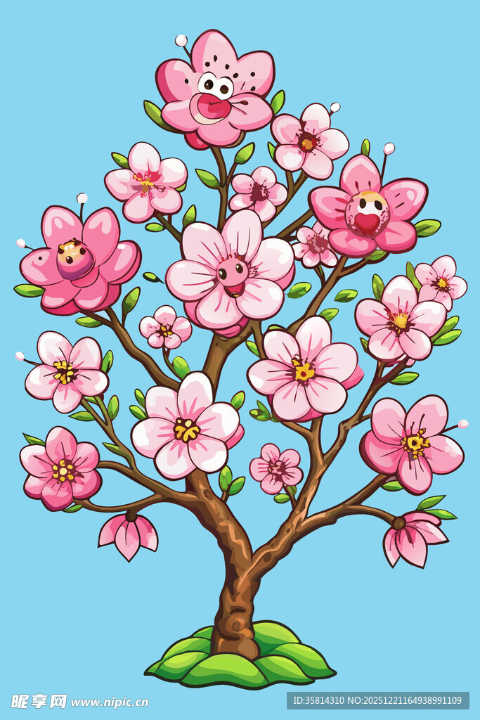 可爱盛开的卡通樱花树