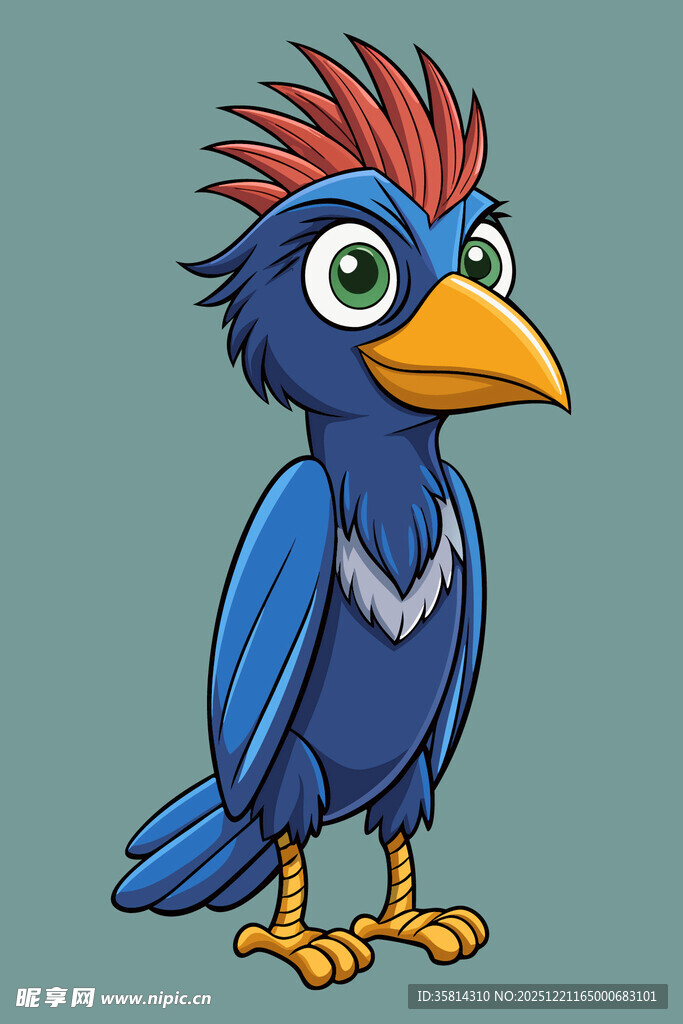 蓝色卡通鸟头顶红羽