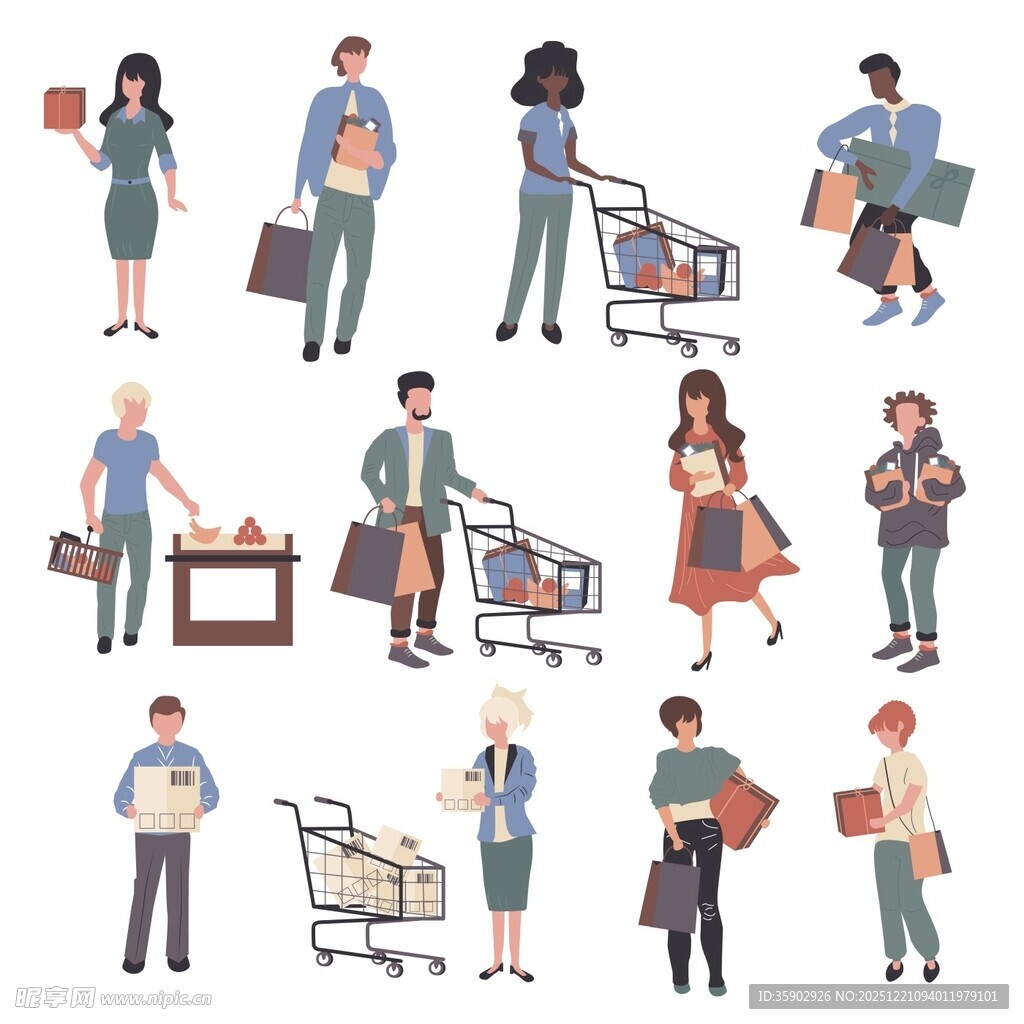多样人物的购物与办公场景