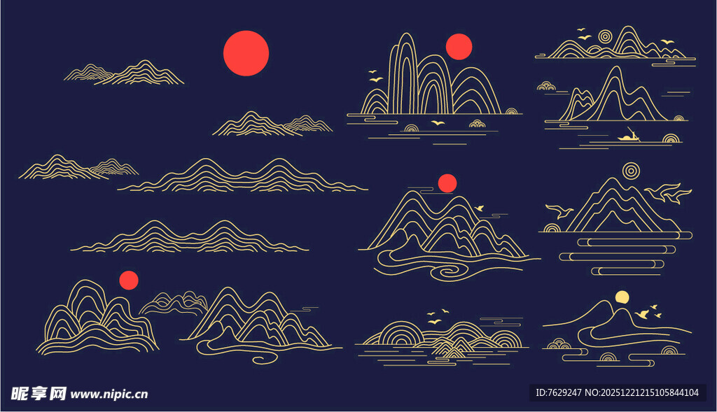 中式山形简笔画意向画