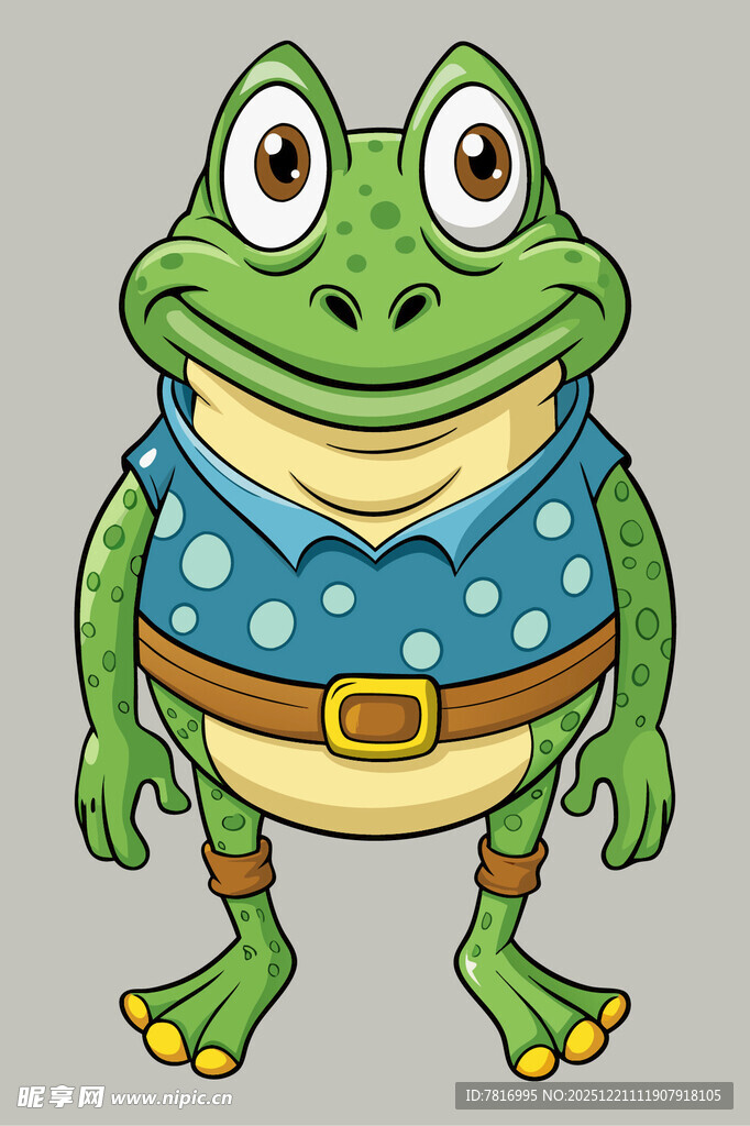 卡通青蛙形象身着蓝花围兜