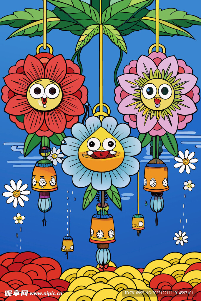 彩色花朵装饰的梦幻场景