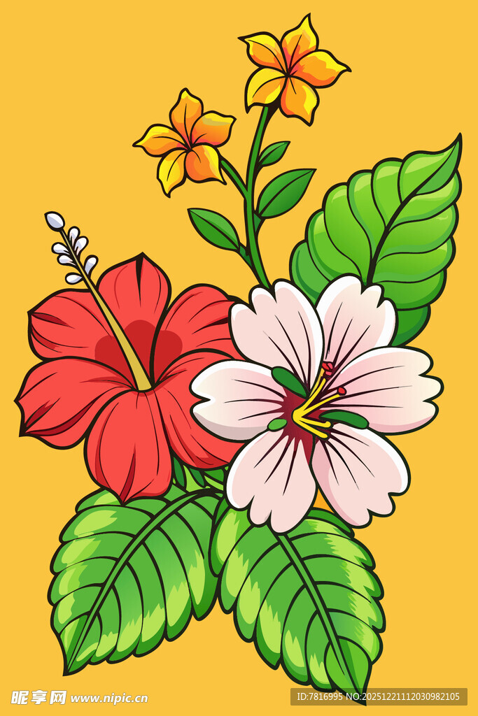 手绘多彩扶桑花与绿叶