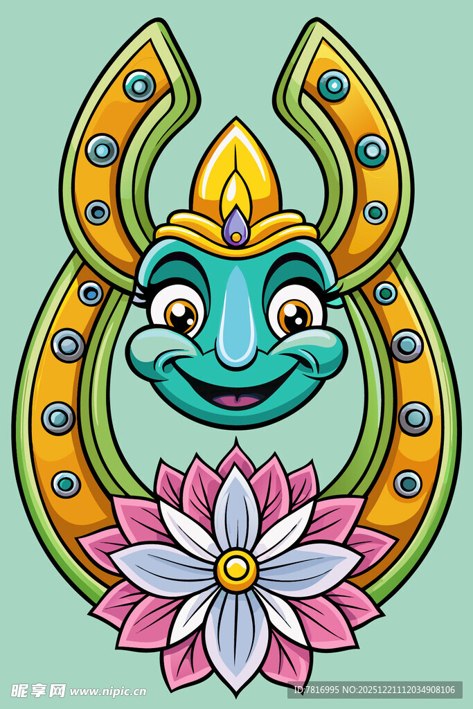 卡通神兽与莲花吉祥图案