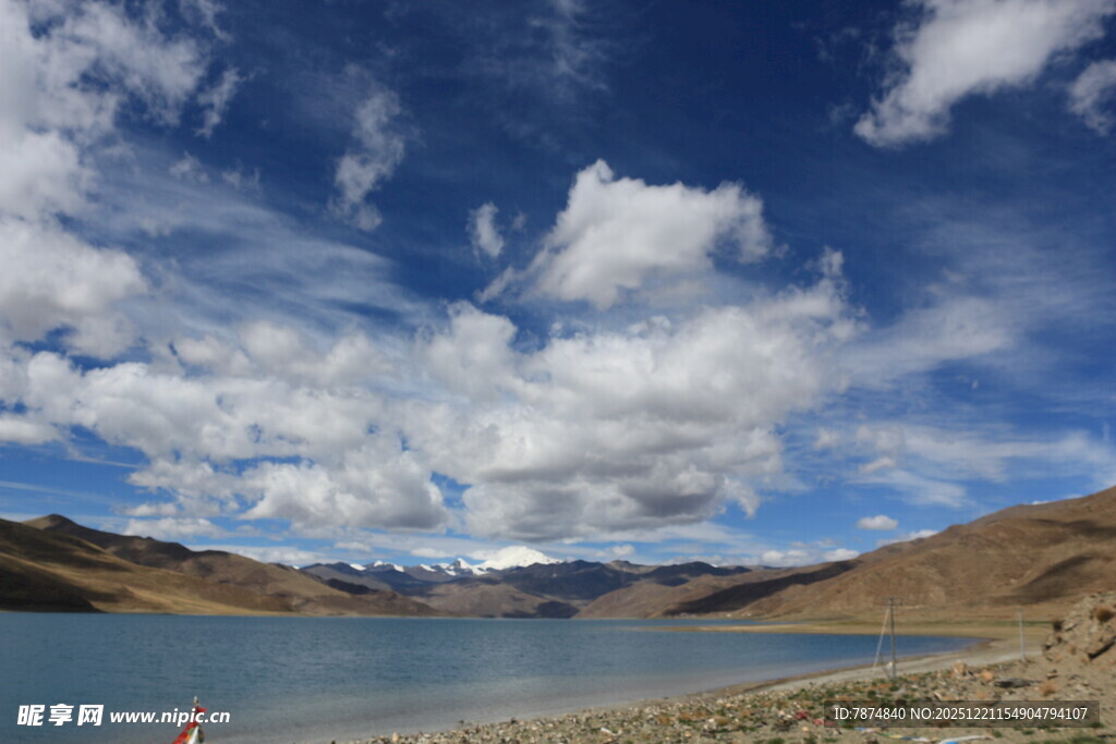 高原湖畔蓝天白云美景