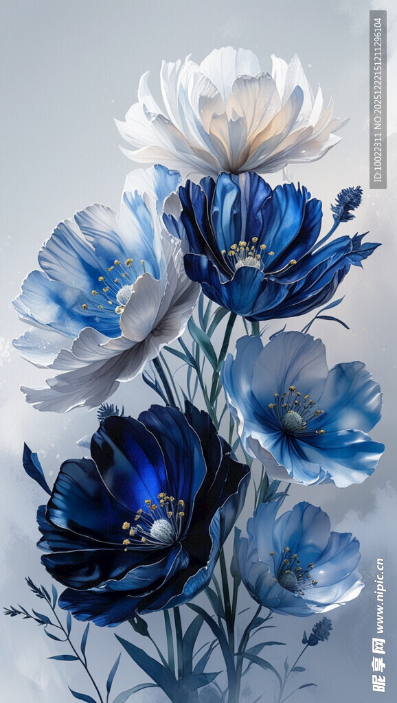 蓝白花卉艺术插画