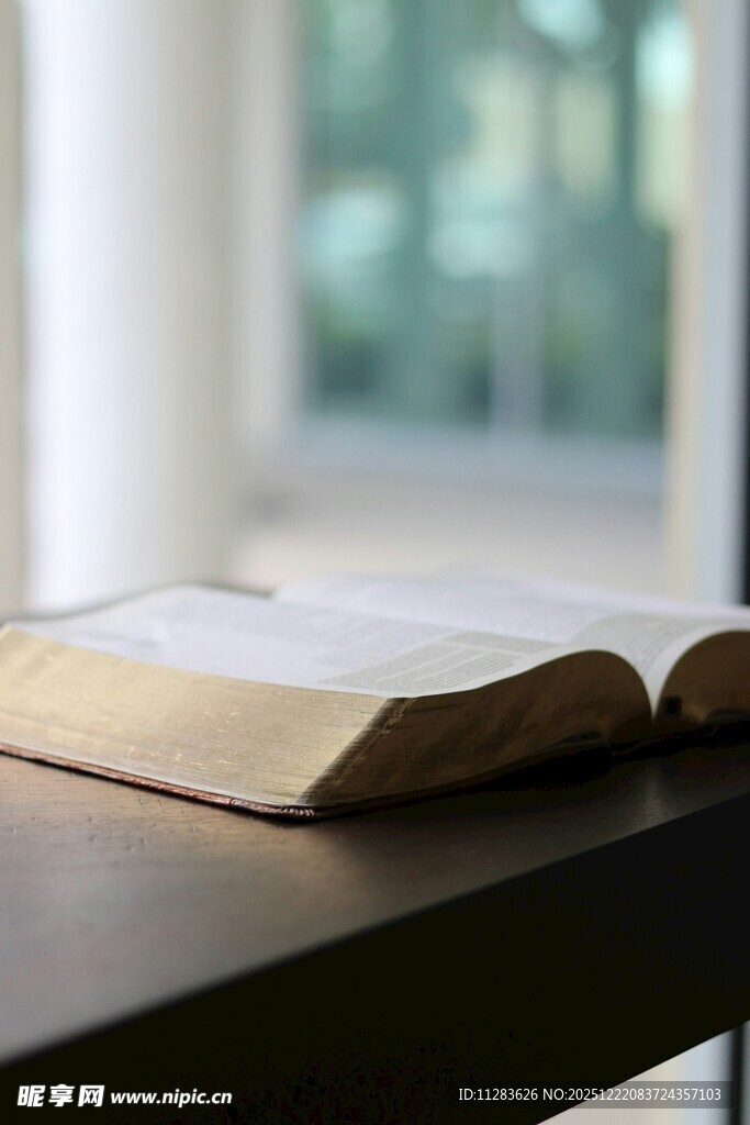 翻开的书本置于窗边