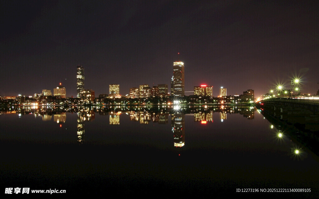 城市夜景湖畔璀璨灯火