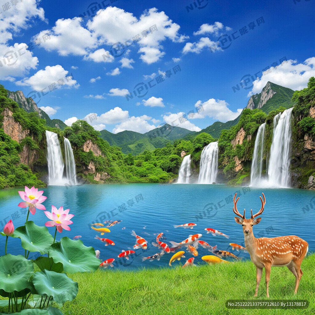 蓝天白云远处青山 水里有锦鲤鱼