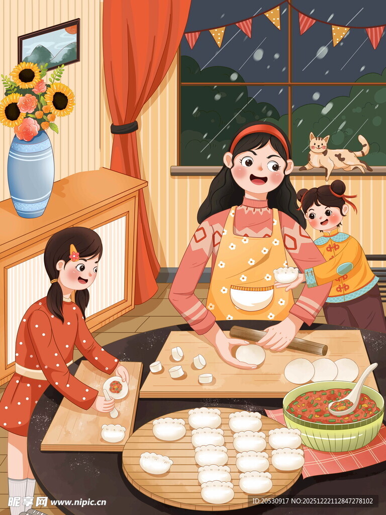 家庭温馨包饺子场景