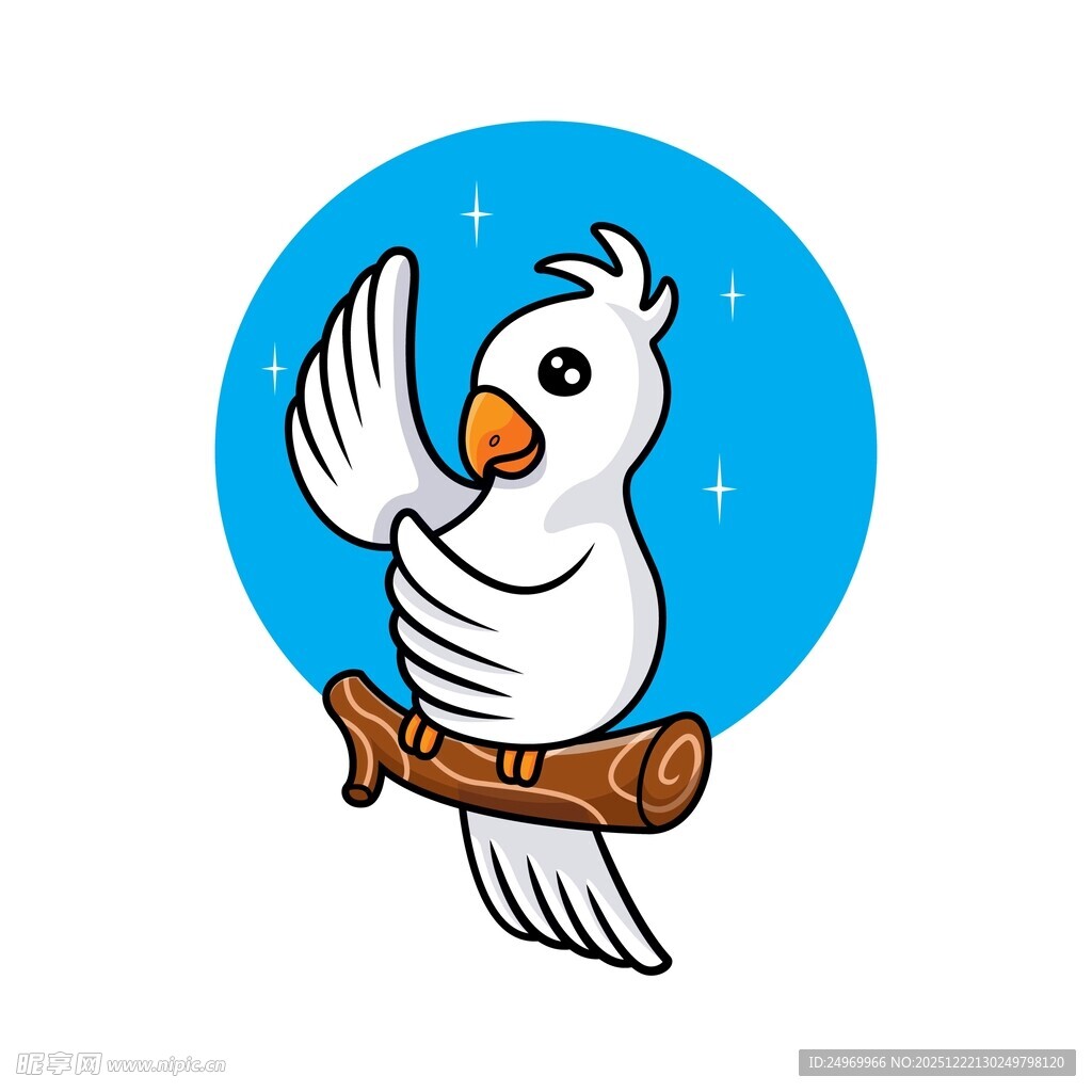 卡通白鹦鹉栖息于树枝