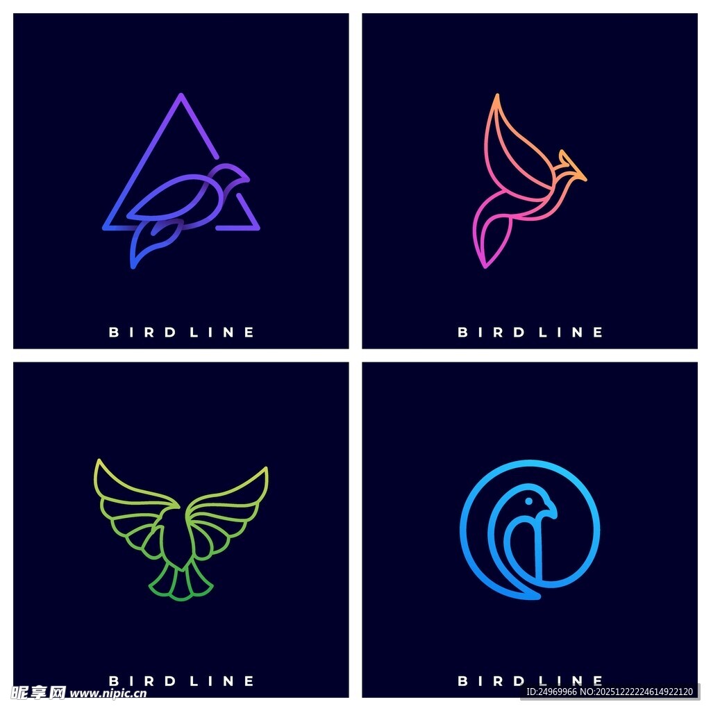 多彩霓虹风格飞鸟标志设计
