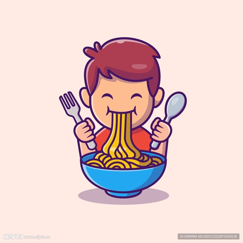 快乐吃面的卡通小男孩