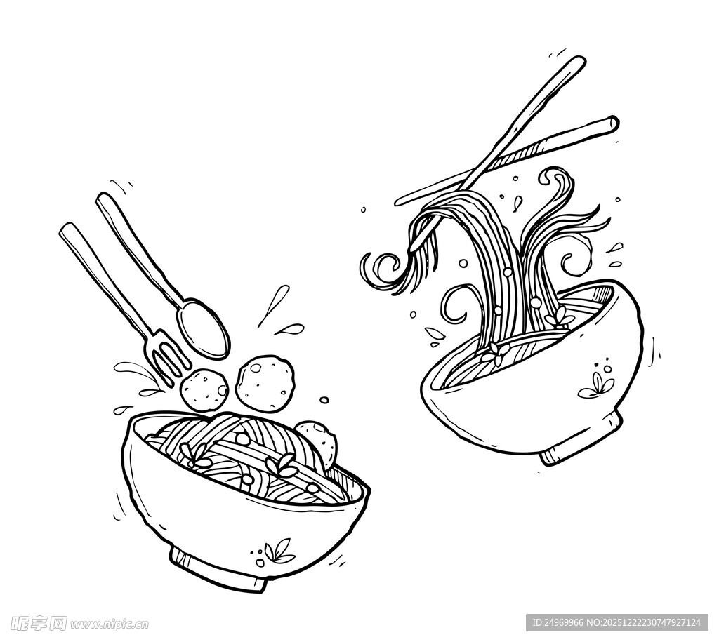 手绘筷子夹取面食场景