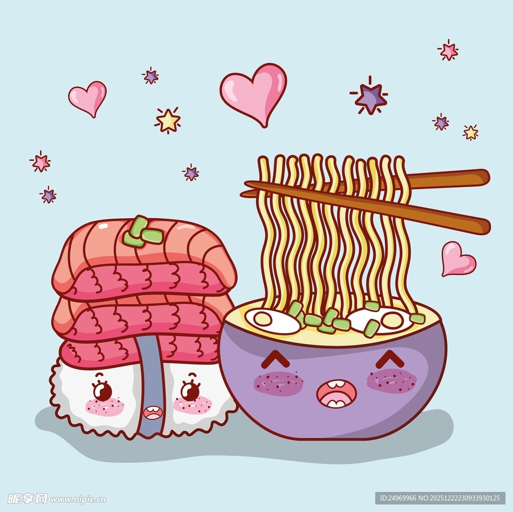可爱寿司与拉面卡通插画