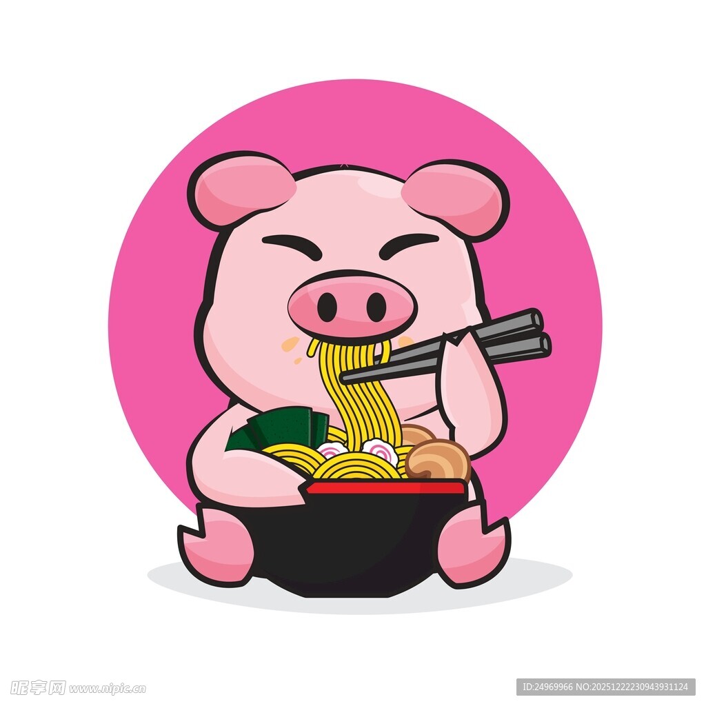 吃拉面的卡通小猪