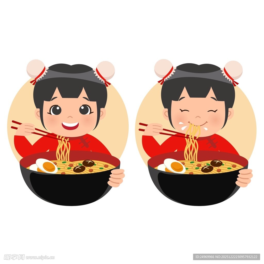 吃拉面的可爱卡通女孩