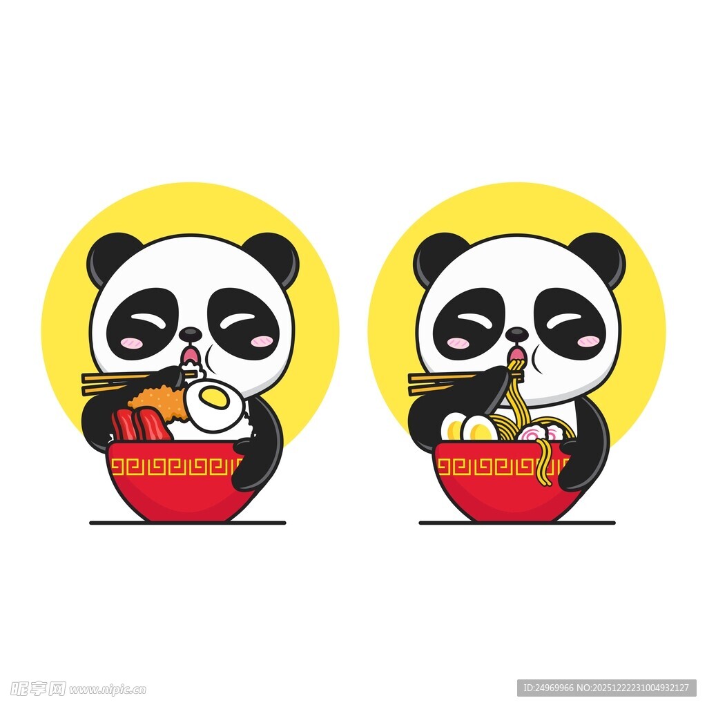 吃美食的卡通熊猫形象