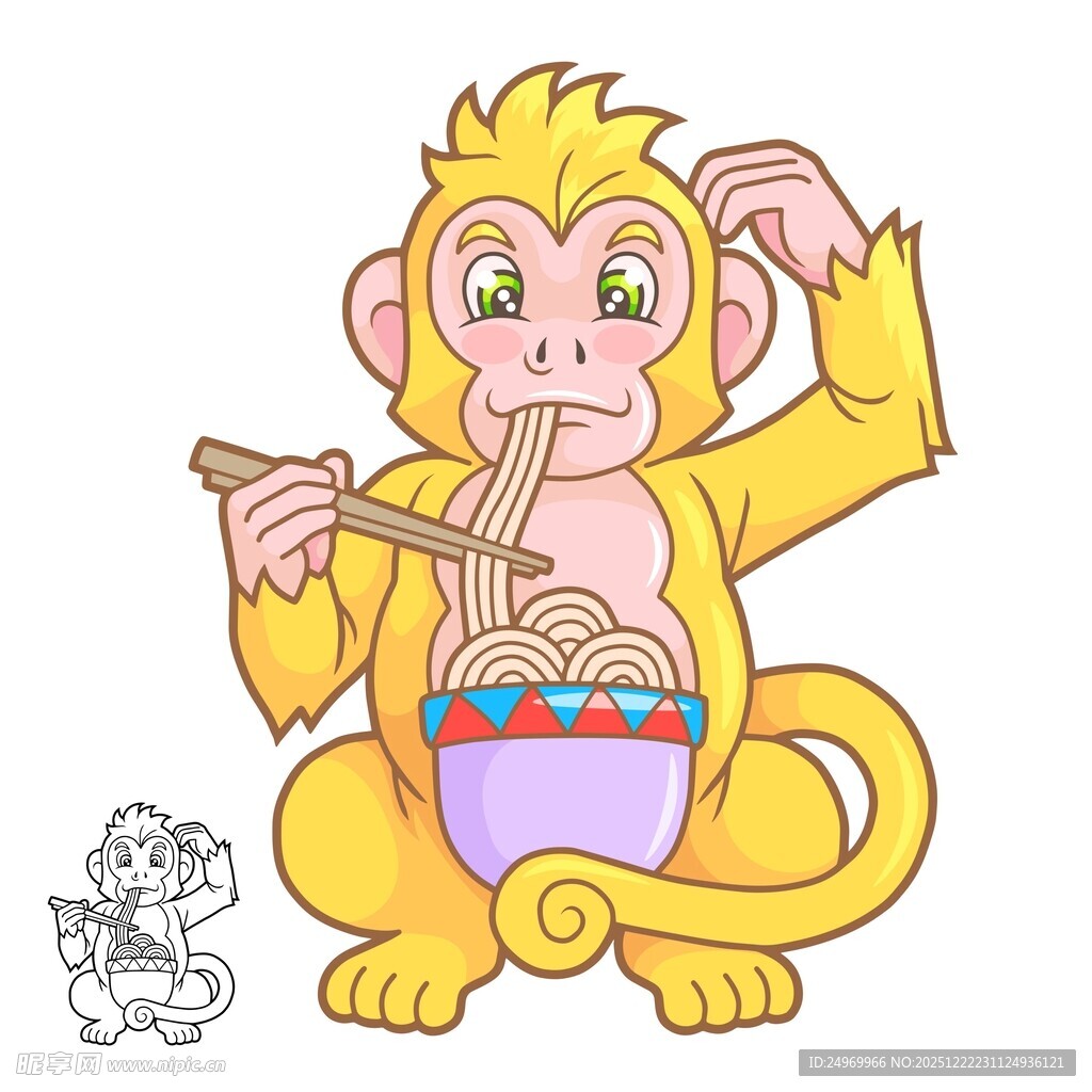 猴子开心享用美味面条