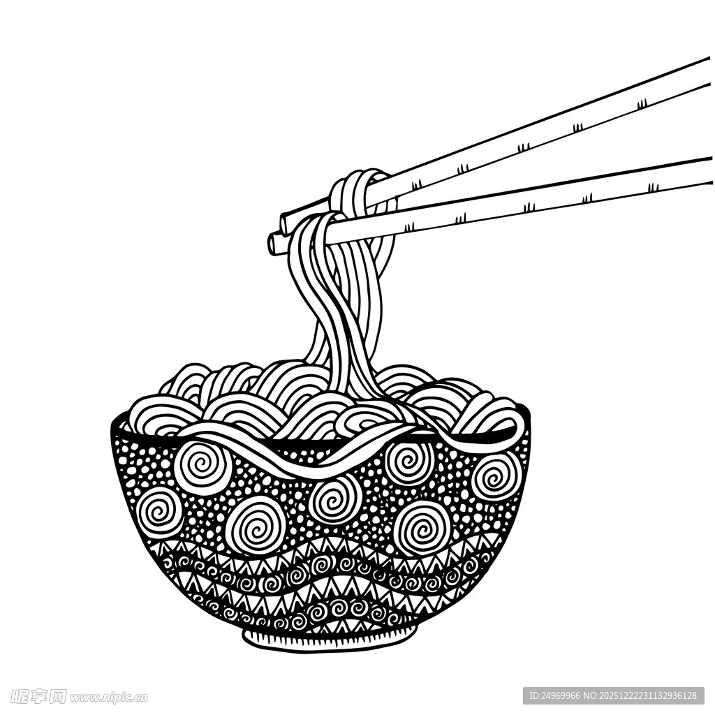 手绘中式面条碗与筷子