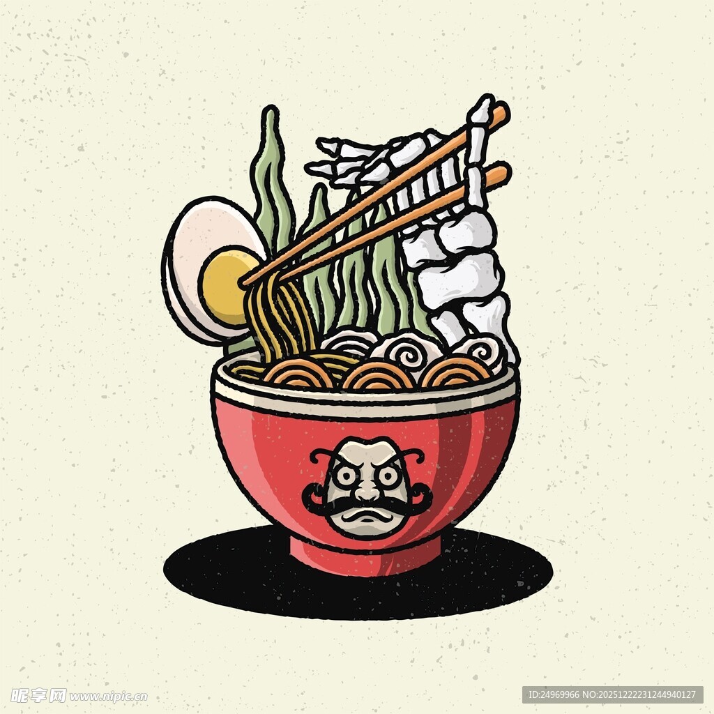 卡通风格的美味拉面碗