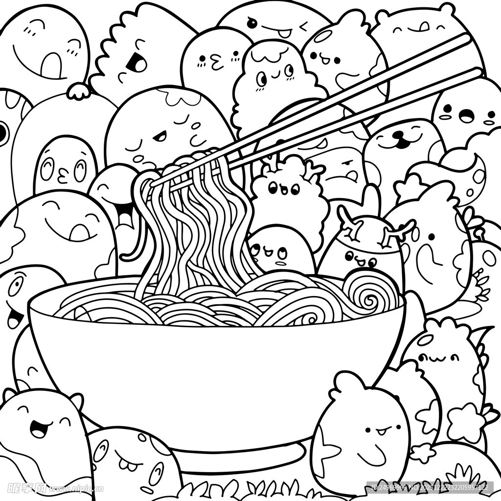 卡通群像中筷子夹起的面条