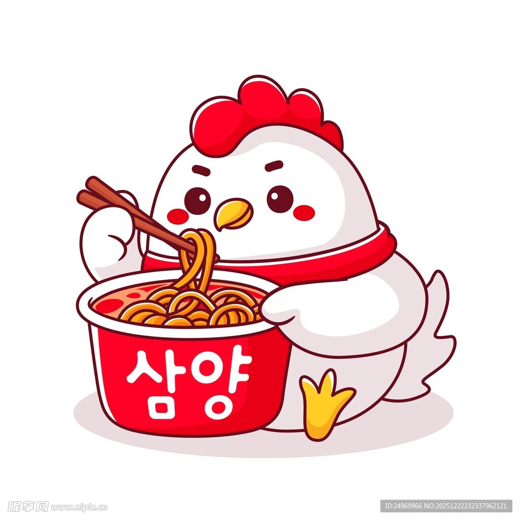 可爱小鸡享用美味拉面