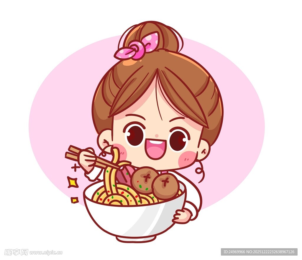可爱女孩开心吃美味面条
