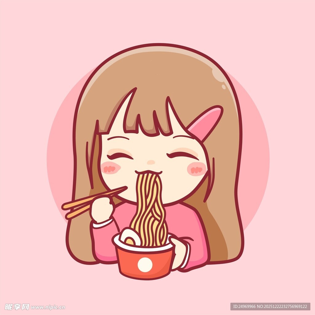 卡通女孩开心吃拉面