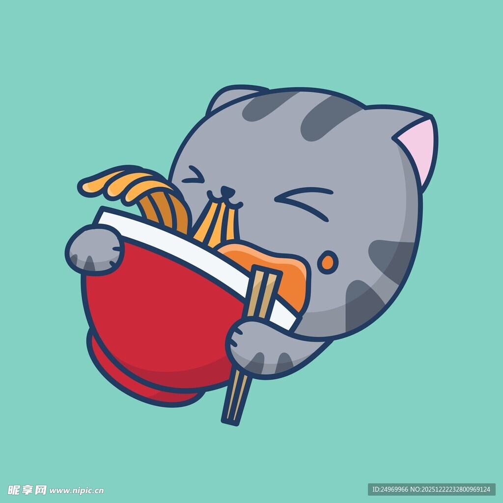 贪吃小猫享美味面条