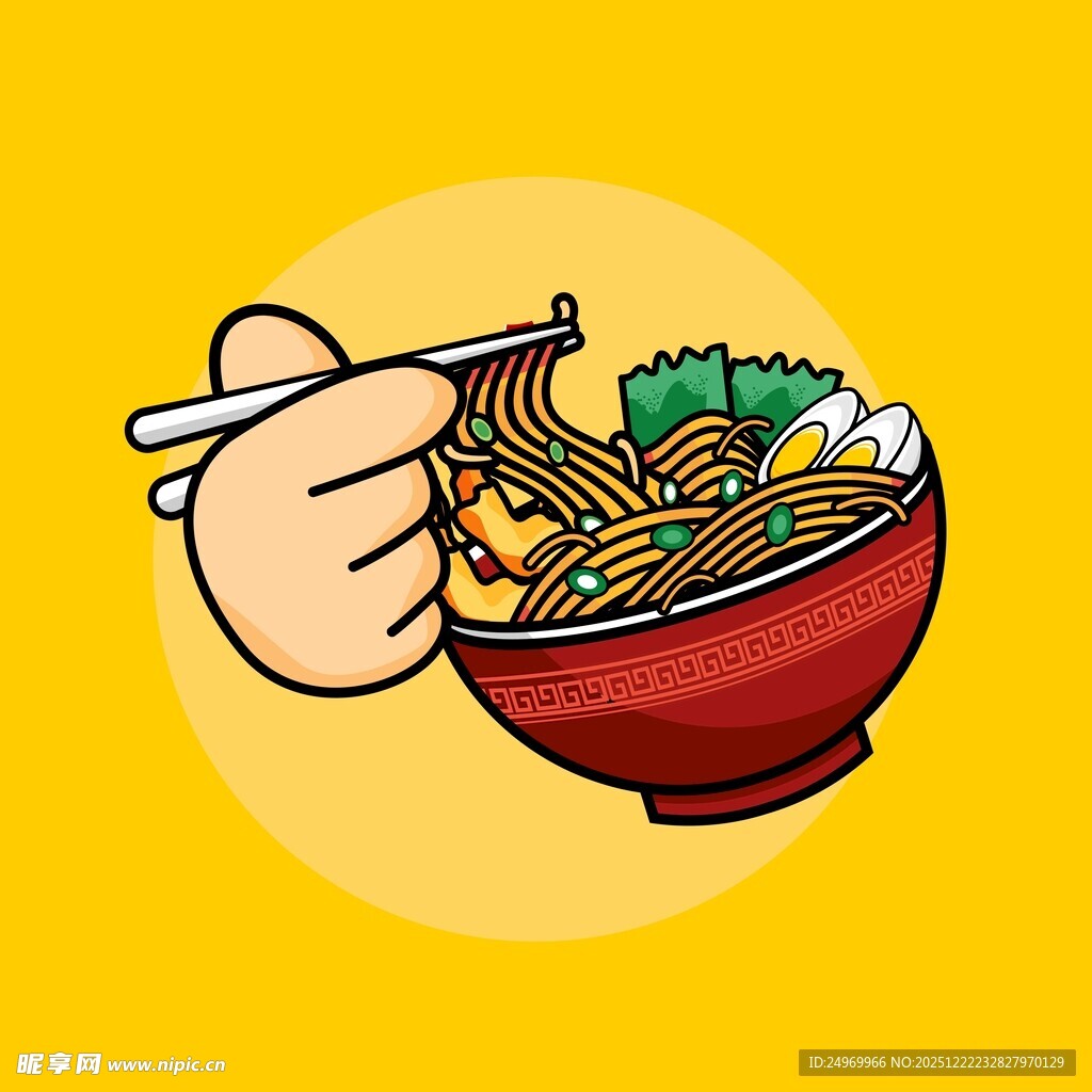 手拿筷子夹起美味面条