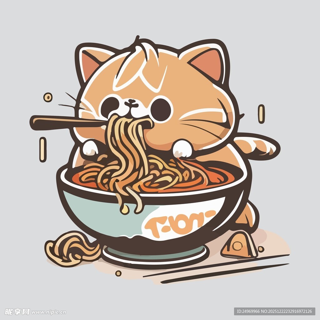 贪吃小猫享用美味面条