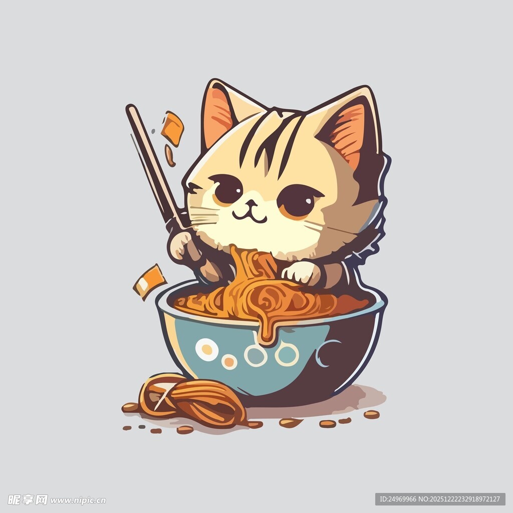 可爱小猫享用美味面条