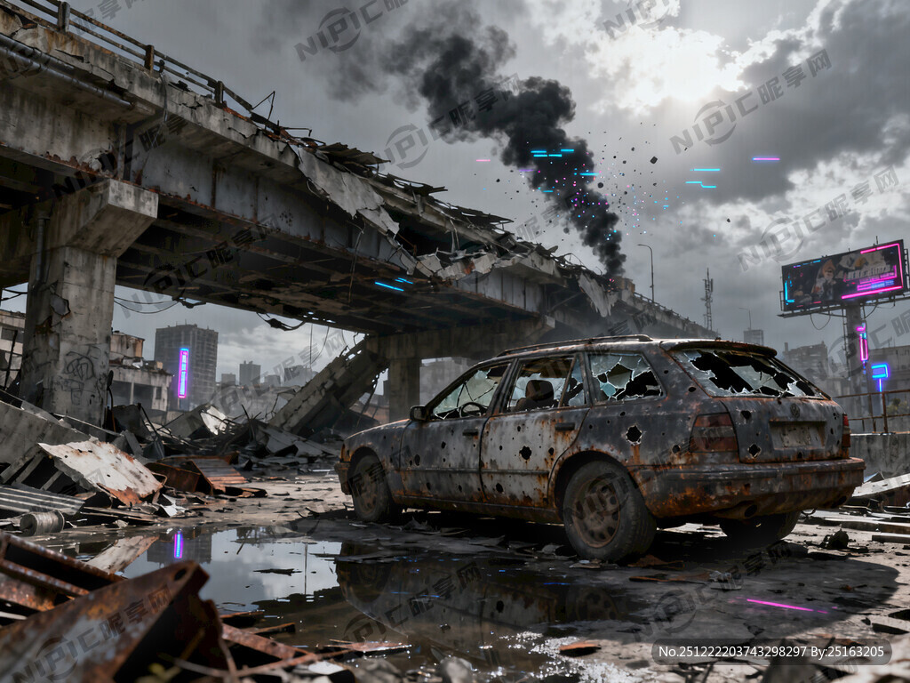 城市废墟 破旧汽车 赛博朋克