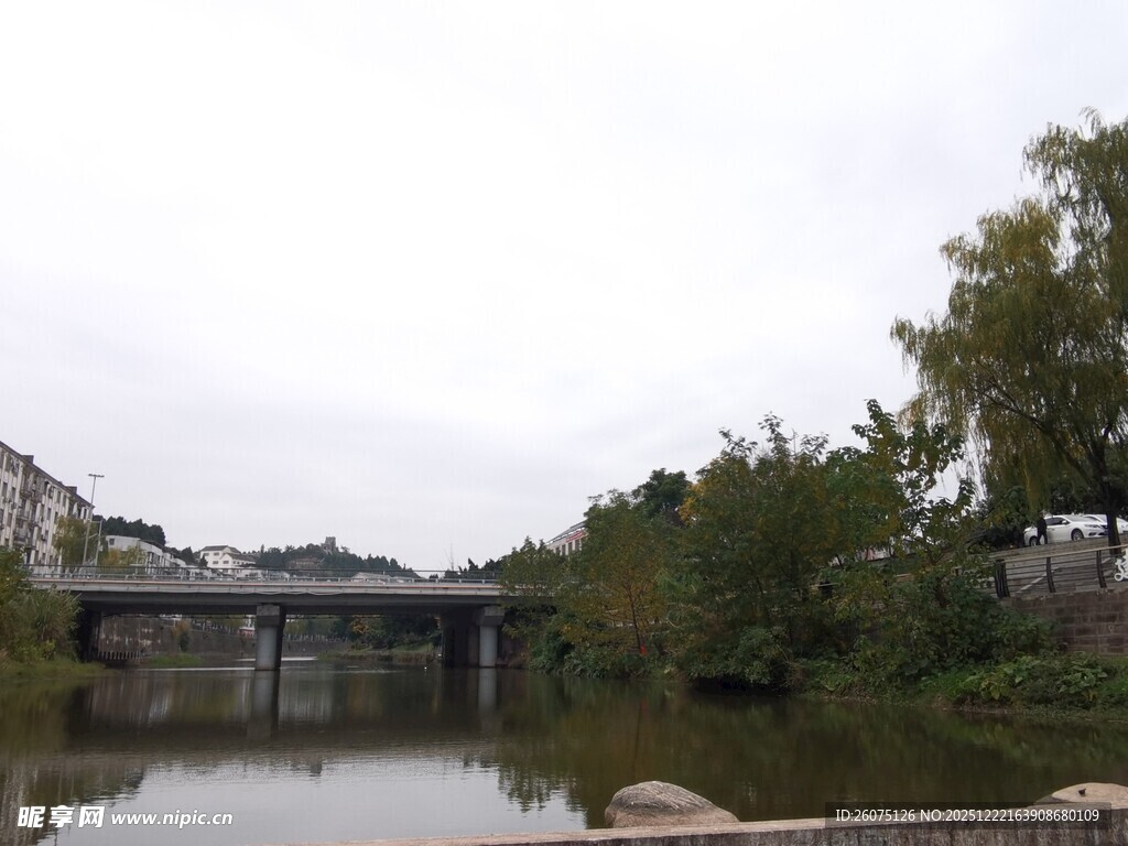 河畔风景远处桥梁与绿树