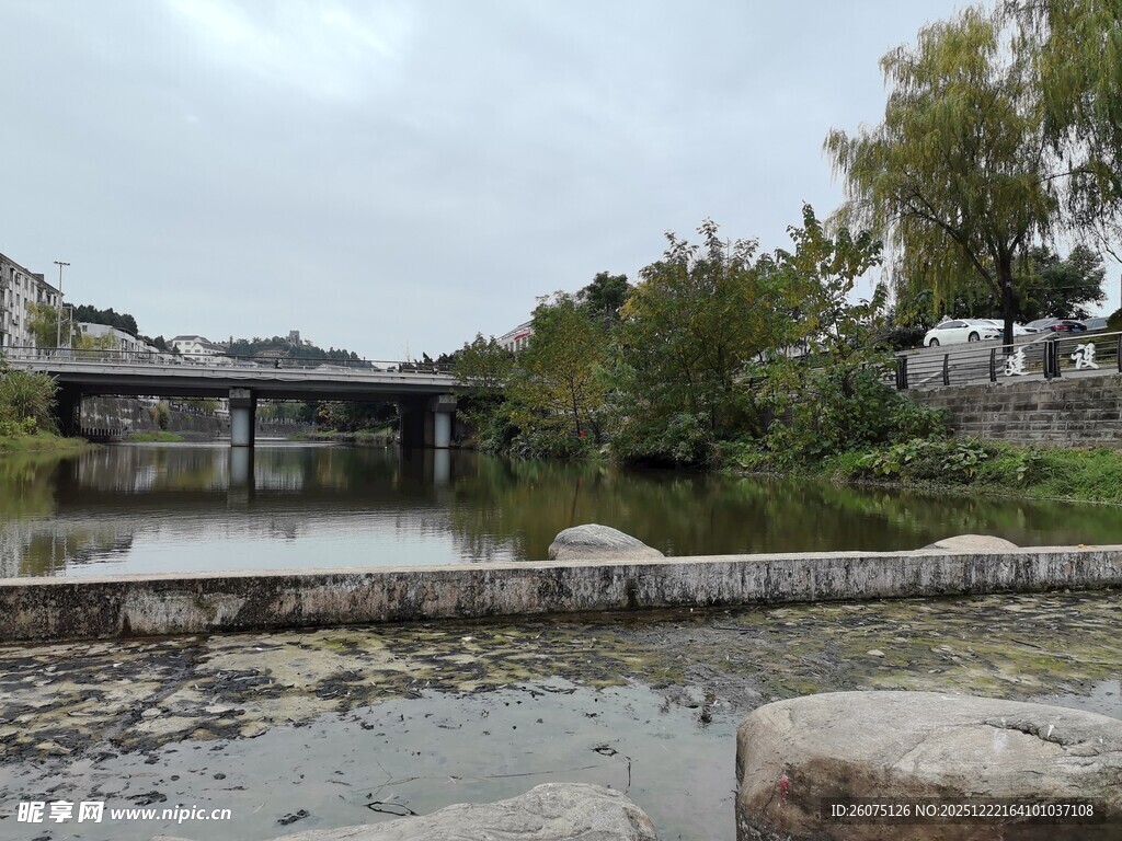 河畔石桥边的自然景致