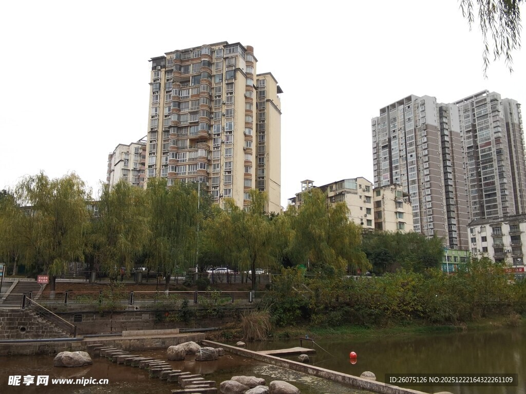 河畔高楼林立的城市景致