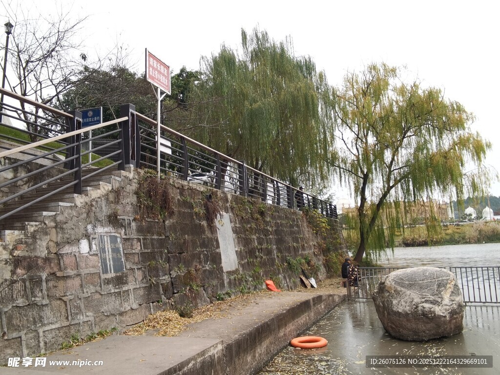 河畔石景与垂柳景观