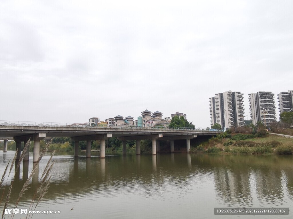 河畔桥梁与城市建筑景观