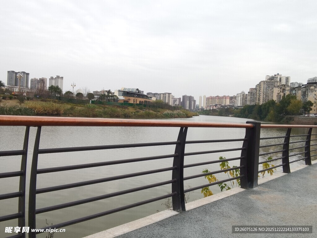 河畔护栏旁的城市风景