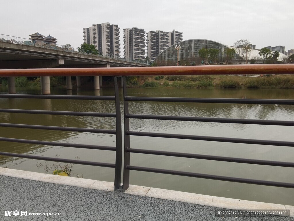 河畔护栏旁的城市风景