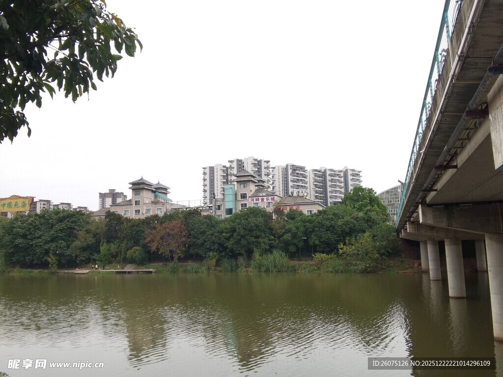 河畔桥梁与城市建筑景观